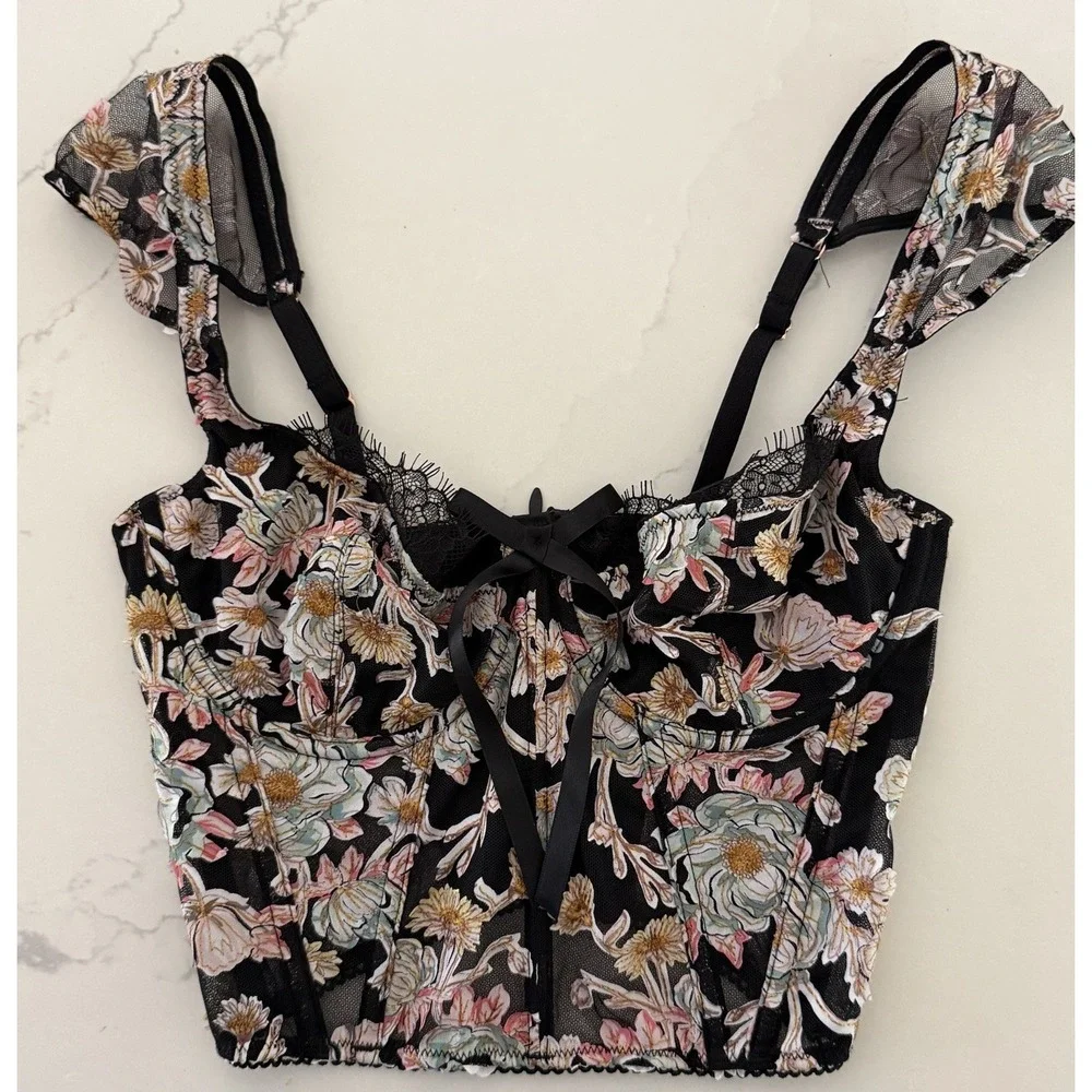Victoria's Secret Dream Angels Black Floral Embroidery Corset Bustier Top SizeXS